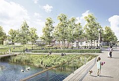 Visualiserung einer Uferpromenade mit Bäumen, Spaziergängern und Sitzgelegenheiten entlang eines ruhigen Gewässers.