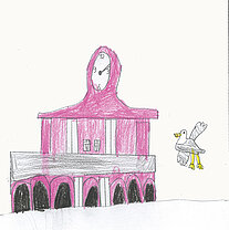 Skizze eines Gebäudes mit Uhrenturm und einer daneben stehenden Möwe.