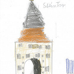 Skizze eines Turms mit spitzem Dach und Bogenöffnung im unteren Bereich.