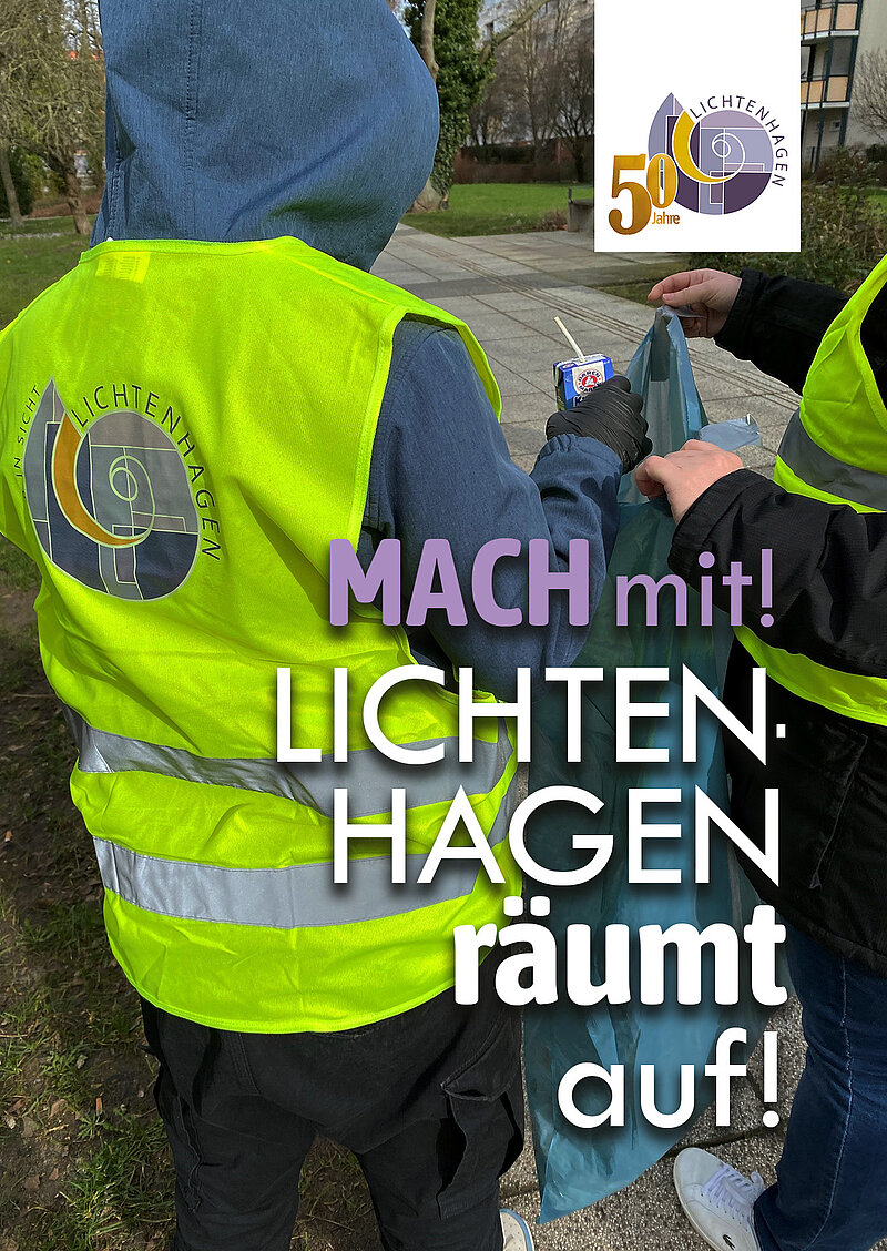 Person trägt eine gelbe Warnweste mit Aufdruck MACH mit! LICHTEN HAGEN räumt auf!