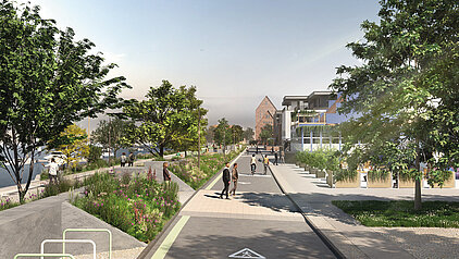 Visualisierung der Promenade des Stadthafens am Kempowski, eingerahmt von Grünbereichen