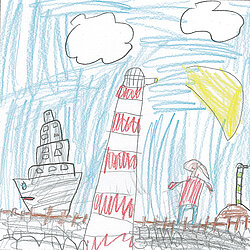 Bunte Kinderzeichnung mit rot-weiß gestreiftem Leuchtturm, Schiff, Sonne, Wolken und einer Person auf einer Mauer.