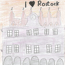 Skizze einer Häuserfront mit mehreren Fenstern und Türbögen, darüber der Text 'I ♥ Rostock'.