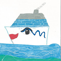 Buntes Kindermalbild eines Schiffes mit blauem Rumpf, rotem Bug, schwarzem Schornstein und rauchendem Schornstein auf blauem Wasser.