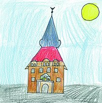 Bunt gezeichnetes Haus mit spitzem, blau-rotem Dach und gelber Sonne am Himmel.