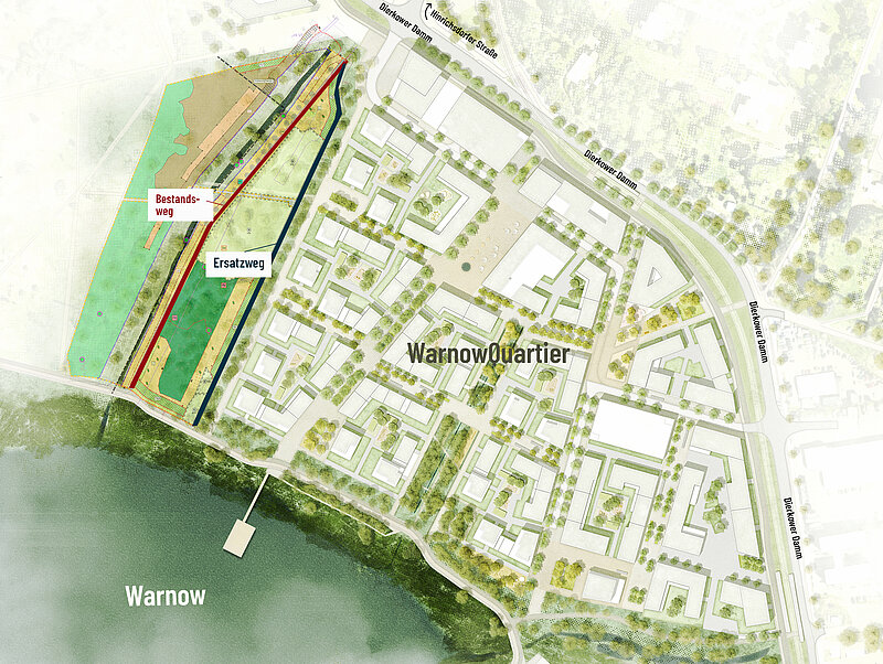 Stadtplan mit eingezeichneten Bereichen für Wohn- und Gewerbenutzung, umgeben von Grünflächen und Wasserflächen.