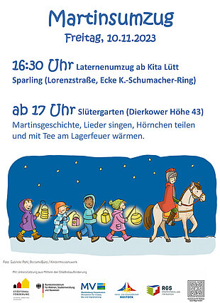 Plakat für den Martinsumzug am 11. November 2023, Beginn um 18:00 Uhr, mit bunten Figuren und Laternen, darunter ein Pferd.