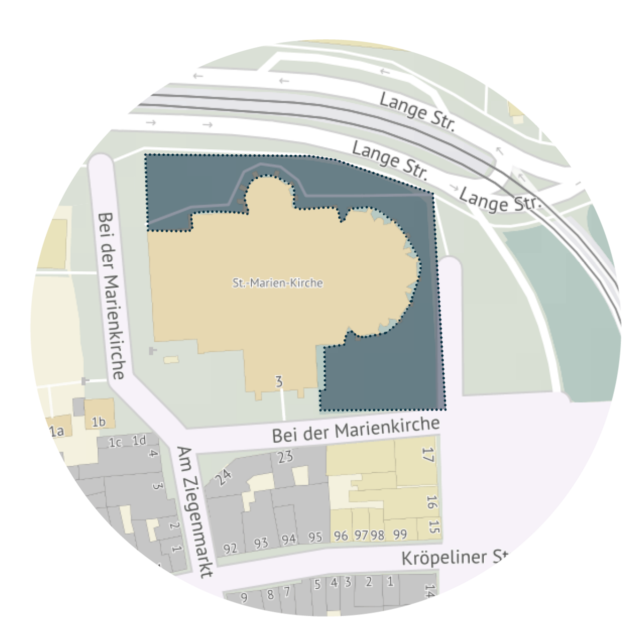 Lageplan der St.-Marien-Kirche mit umliegenden Straßen Lange Str., Bei der Marienkirche, Am Ziegenmarkt und Kröpeliner Str., Kennzeichnung des Umfeldes der Marienkirche in blau