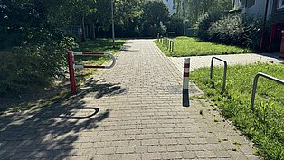 Ein unebener Weg mit Kiesbelag, umgeben von Bäumen und Sträuchern. Auf der linken Seite sind orangefarbene Absperrungen sichtbar.