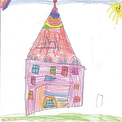 Buntes Kinderbild eines Hauses mit spitzem Dach, Fenstern, Tür und Sonne am Himmel.