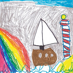 Bunte Kinderzeichnung mit Regenbogen, braunem Segelboot auf blauem Wasser und rot-weiß gestreiftem Leuchtturm mit gelbem Licht.