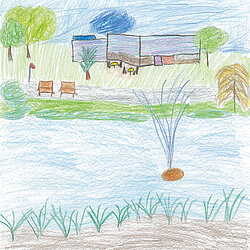 Bunte Buntstiftzeichnung eines Teichs mit Springbrunnen, umgeben von Bäumen, Bänken und einem Gebäude im Hintergrund.