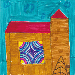 Buntes, kindlich gemaltes Haus mit rotem Dach, quadratischem Fenster mit Muster und blauem Hintergrund.