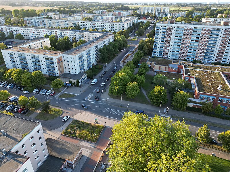 Luftaufnahme von Lichtenhagen mit Blick auf die Güstrower und Parchimer Straße  mit mehrstöckigen Plattenbauten, Straßen mit parkenden Autos und vielen Bäumen