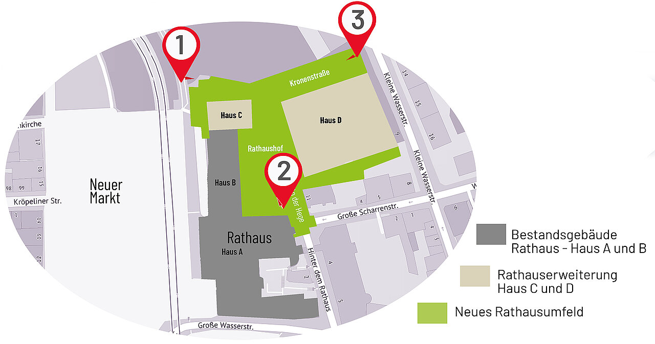 Lageplan des Rathausumfelds mit Bestandsgebäuden Haus A und B in Grau, Rathaus-Erweiterung Haus C und D in Beige, und neuem Rathausumfeld in Grün, markiert mit Nummern 1 bis 3
