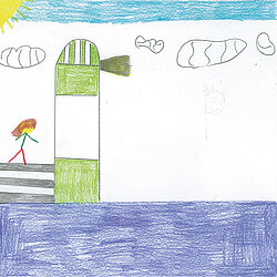 Bunte Kinderzeichnung eines grünen Leuchtturms am Meer mit einer Person auf einer Treppe und einer gelben Sonne in der Ecke.