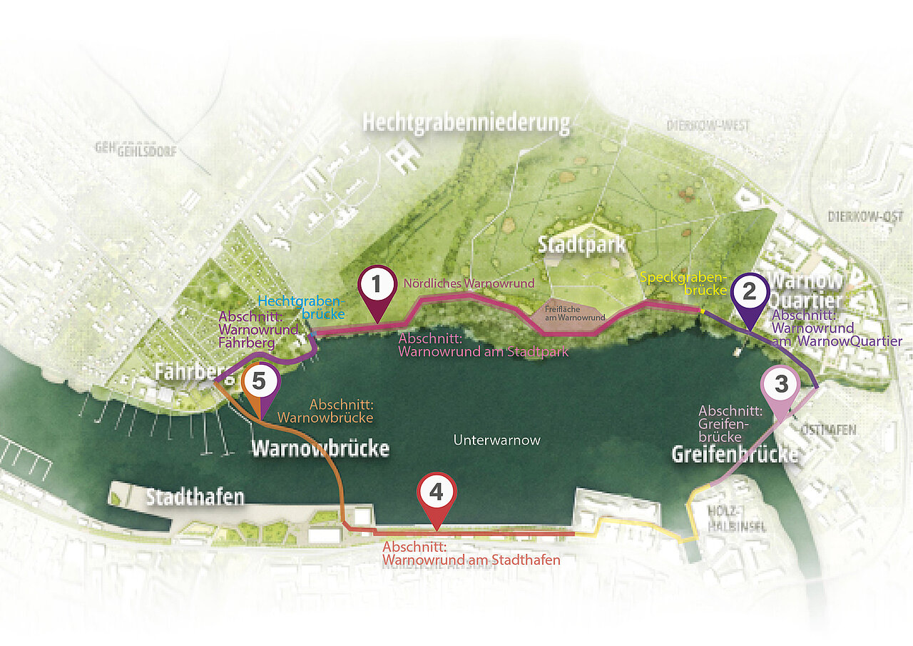 Karte mit fünf nummerierten Abschnitten entlang der Unterwarnow und angrenzenden Stadtteilen mit grünen Flächen und Wasserflächen