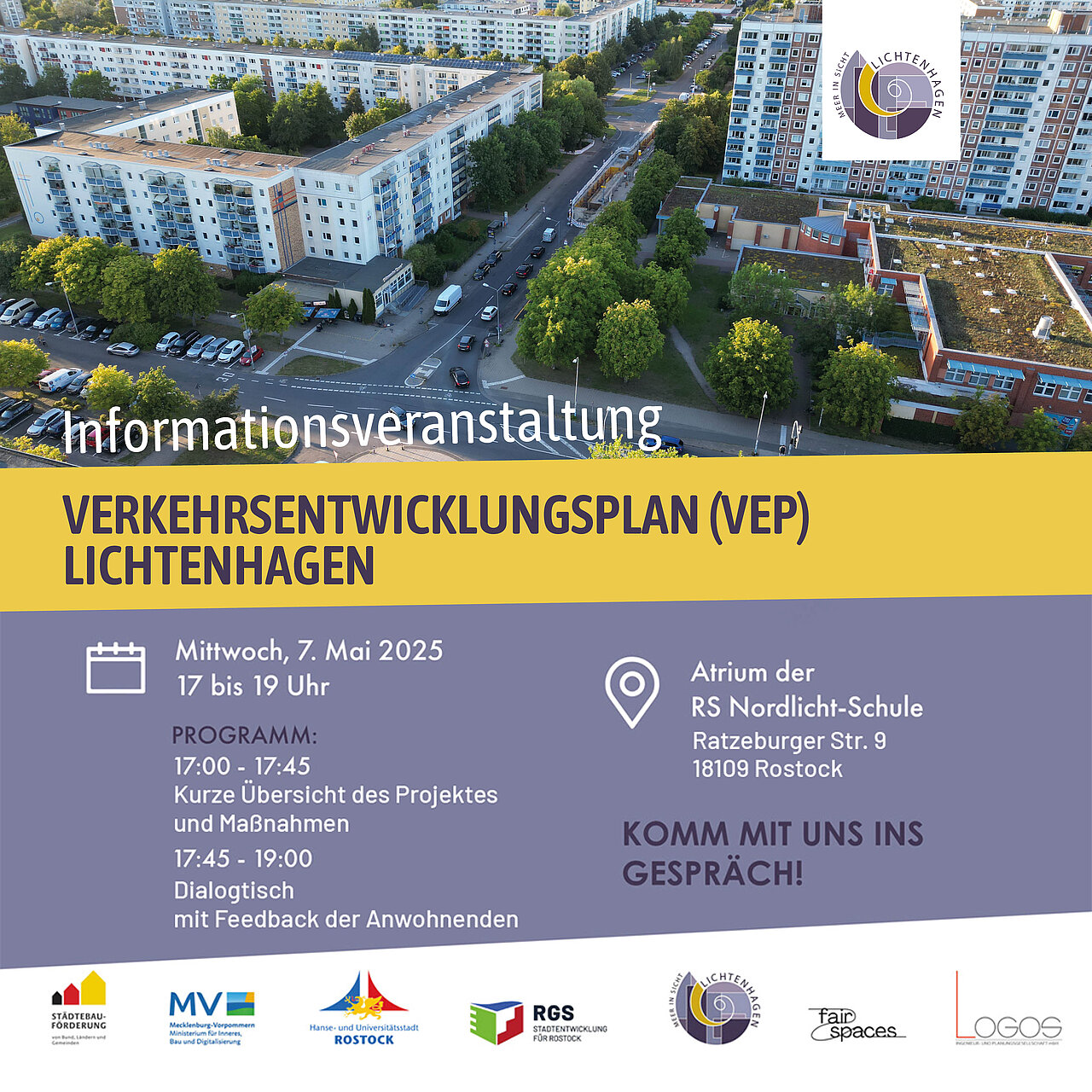 Ankündigung mit Luftaufnahme von Lichtenhagen mit Text zur Informationsveranstaltung zum Verkehrsentwicklungsplan am 7. Mai 2025 in der RS Nordlicht-Schule, Rostock