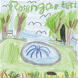 Bunte Kinderzeichnung eines Parks mit einem runden Springbrunnen in der Mitte, Bäumen, einer Bank und Vögeln am Himmel, oben steht in grüner Schrift 'Rosengarten'.