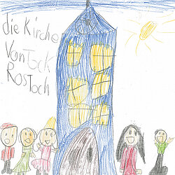 Bunte Kinderzeichnung eines hohen blauen Hauses mit gelb leuchtenden Fenstern und mehreren Menschen davor.