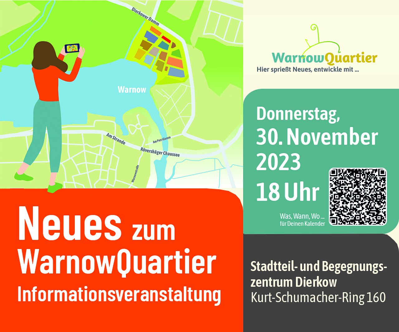 Ein Informationsflyer für eine Veranstaltung zum WarnowQuartier am 30. November 2023 um 18 Uhr. Enthält eine Karte und einen QR-Code.