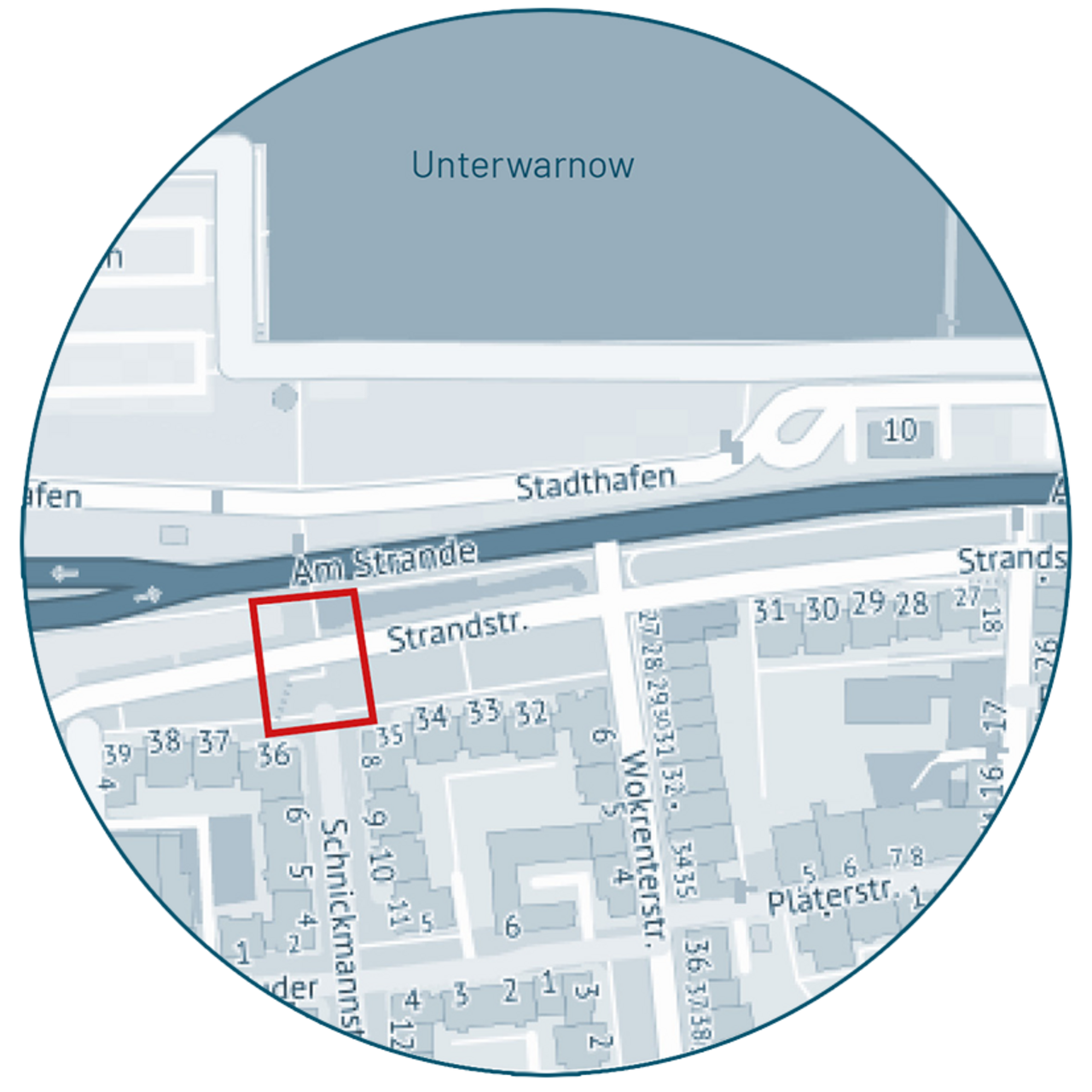 Kartenausschnitt von Unterwarnow mit Straßen Am Strande, Strandstraße und Schnickmannstraße, rotes Quadrat markiert Bereich an der Kreuzung Am Strande und Strandstraße