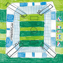 Bunte Kinderzeichnung eines Fußballstadions mit grünem Spielfeld, Tribünen in Blau und Weiß sowie Flutlichtmasten an den Ecken.