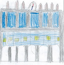 Skizze eines mehrstöckigen Gebäudes mit blauen Fenstern und gelben Details, darunter Säulen im Erdgeschoss.