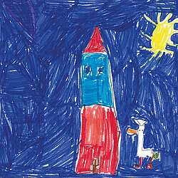 Kindliche Zeichnung einer rot-blauen Rakete vor dunkelblauem Nachthimmel mit gelber Sonne und einer weißen Gans mit orangenem Schnabel und roten Füßen.