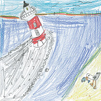 Buntstiftzeichnung eines Leuchtturms auf einer Felsklippe am Meer mit Strand und zwei Personen am Ufer.