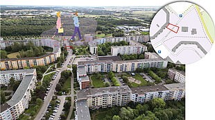 Luftaufnahme eines Wohngebiets mit mehreren mehrstöckigen Wohnhäusern, Parkplätzen und Grünflächen, oben rechts eine Kartenausschnitt mit markiertem Bereich