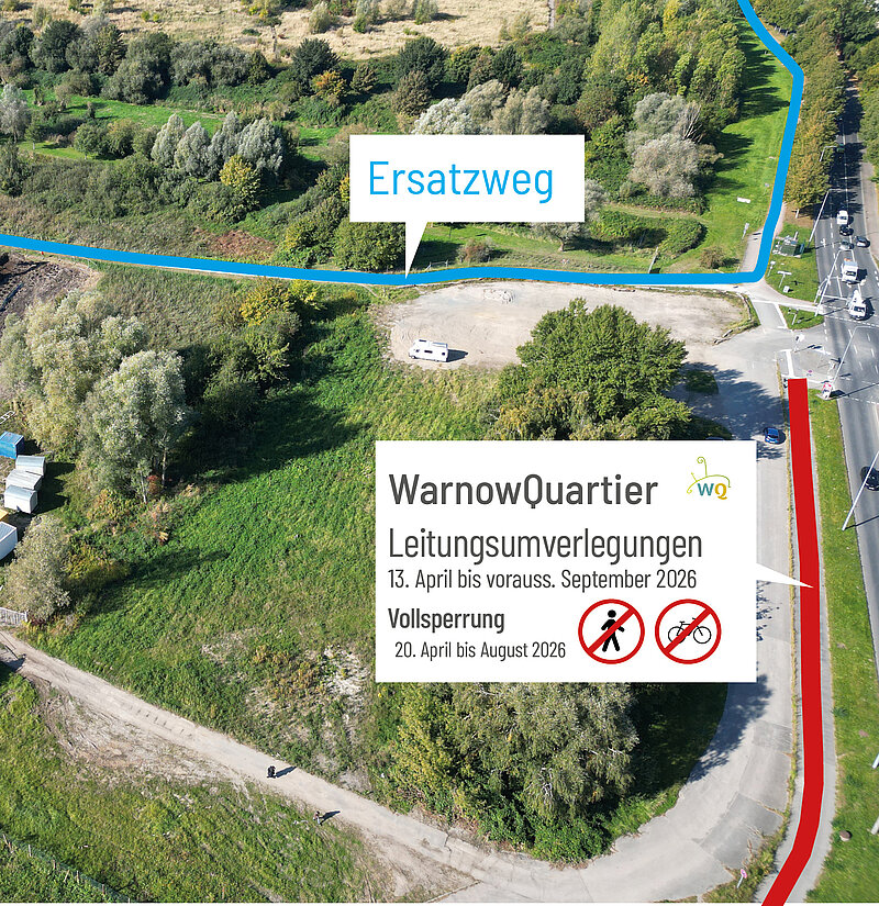 Luftaufnahme einer Baustelle mit gezeichnetem Ersatzweg in Blau und gesperrter Straße in Rot sowie einem Schild mit Informationen zu Leitungsumverlegungen im WarnowQuartier.