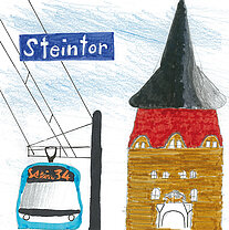 Bunte Zeichnung einer Seilbahnstation mit dem Schild 'Steintor' und einer Seilbahn, die an einer Stange hängt, vor einem Gebäude mit rotem Dach und spitzem Turm.