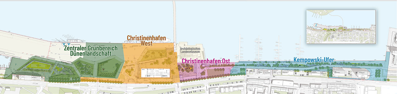Abgrenzung der Teilbereiche für die Baumaßnahmen am Stadthafens in Kempowskiufer, Christinenhafen Ost, christinenhafen West und den zentralen Grünbereich
