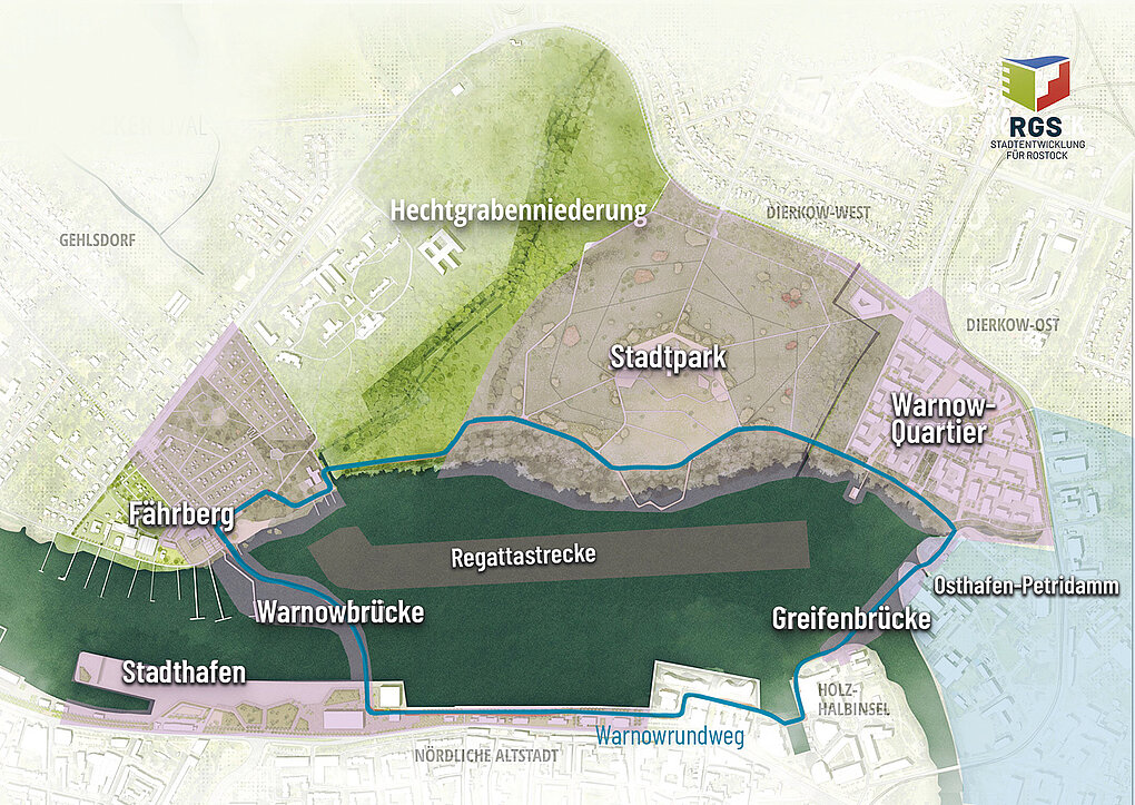 Karte mit eingezeichneten Stadtteilen und Gewässern in Rostock, darunter Stadtpark, Warnowquartier, Fährberg, Stadthafen, Warnowbrücke, Greifenbrücke und Regattastrecke und blauem Strich als Wegeführung des Warnowrunds