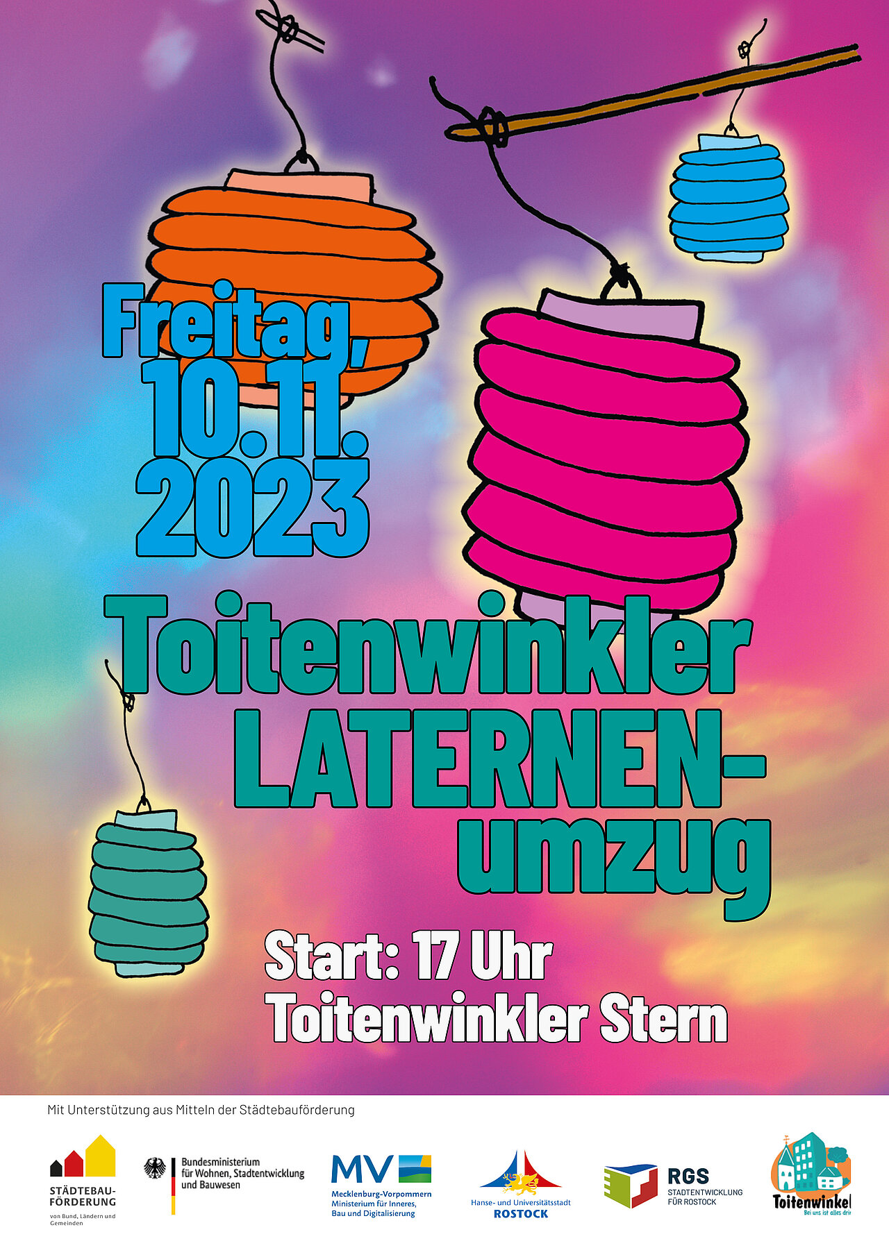 Plakat für die Totemlichter Laternen-Umzug Veranstaltung am 10.11.2023. Bunte Laternen auf einem farbigen Hintergrund, Veranstaltungshinweise und Startzeit 17 Uhr.