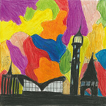 Schwarz-weiße Stadtsilhouette vor einem bunten, abstrakten Hintergrund aus großen Farbflächen in Gelb, Rot, Orange, Grün, Blau und Lila