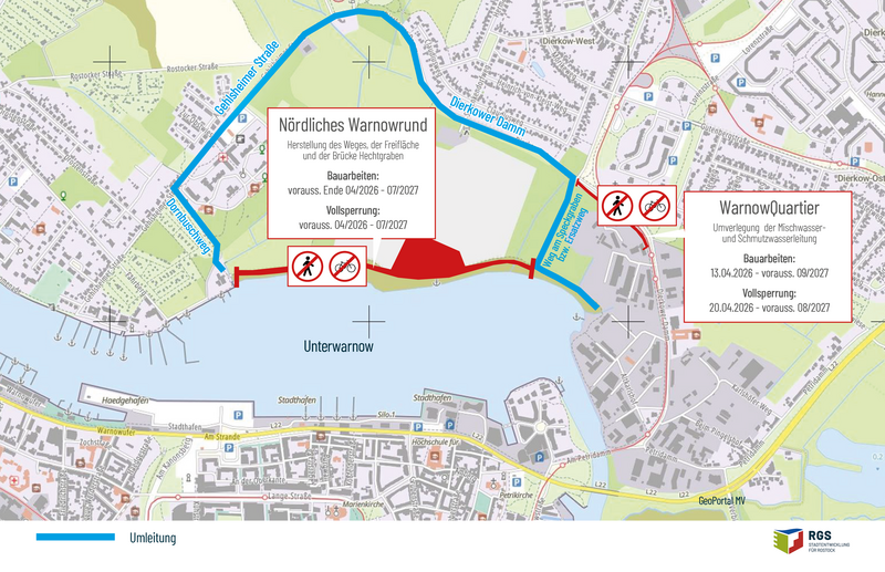 Kartenausschnitt mit Umleitungsstrecke um den nördlichen Warnowabschnitt und das WarnowQuartier, markiert mit Sperrbereichen und Bauzeitangaben.