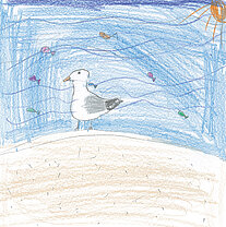 Kindliche Zeichnung einer Möwe am Strand mit blauem Himmel und Sonne.