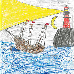 Buntstiftzeichnung eines Segelschiffs mit drei Segeln auf bewegter See, das auf einen Leuchtturm mit gelbem Lichtstrahl zufährt.