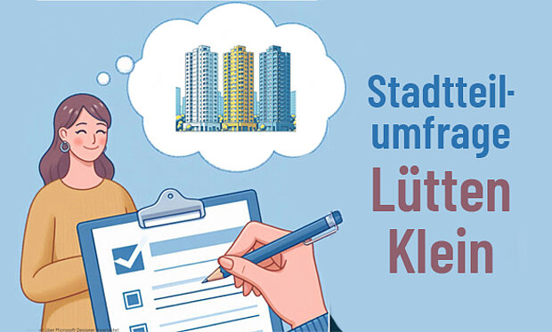 Illustration einer Stadtteilumfrage mit einer nachdenklichen Frau und einer Hand, die ein Formular ausfüllt. Im Hintergrund sind Häuser in einer Sprechblase.