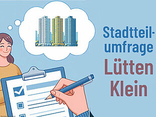 Illustration einer Stadtteilumfrage mit einer nachdenklichen Frau und einer Hand, die ein Formular ausfüllt. Im Hintergrund sind Häuser in einer Sprechblase.