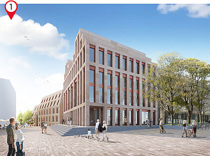 Bild 1: Modernes Bürogebäude mit zwei Giebeln, großer Fensterfront und rotem Stein, umgeben von Fußgängern auf gepflastertem Platz