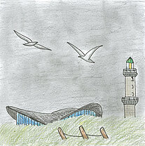 Kleines Leuchtturmgebäude am Ufer mit zwei fliegenden Möwen und einer Wellenbrecherstruktur im Vordergrund.