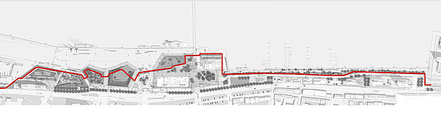 Rote Linie kennzeichnet des Hochwasserschutz im Stadthafen
