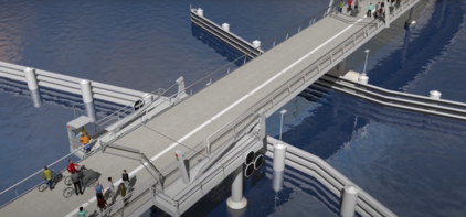 Brücke über Wasser mit mehreren Personen und Fahrrädern, die die Brücke überqueren   Tex