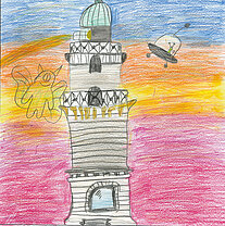 Buntstiftzeichnung eines Leuchtturms, Hintergrund in den Farben rot, gelb/orange und blau