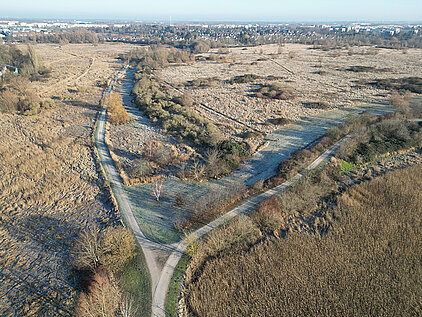 Luftaufnahme einer Weggabelung in einer offenen, teils bewachsenen Landschaft mit vereinzelten Bäumen