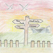 Bunt gezeichnete Wegweiser mit mehreren Richtungspfeilen vor einer Landschaft mit Hügeln und zwei fliegenden Vögeln am Himmel.