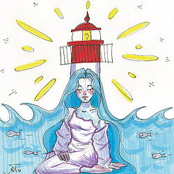 Bunte Zeichnung einer Person in weißem Gewand vor einem rot-weißen Leuchtturm, umgeben von blauen Wellen und gelben Lichtstrahlen.